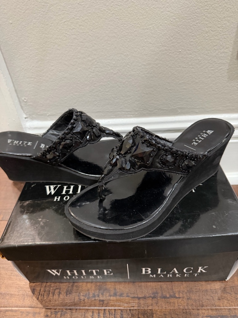 White House Black Market Black Jeweled Patent Wedge Sandals